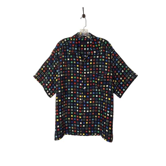 Brioni Multicolor Square Print Black Button-Up Shirt Men's XL Camp Made in Italy - Picture 1 of 7